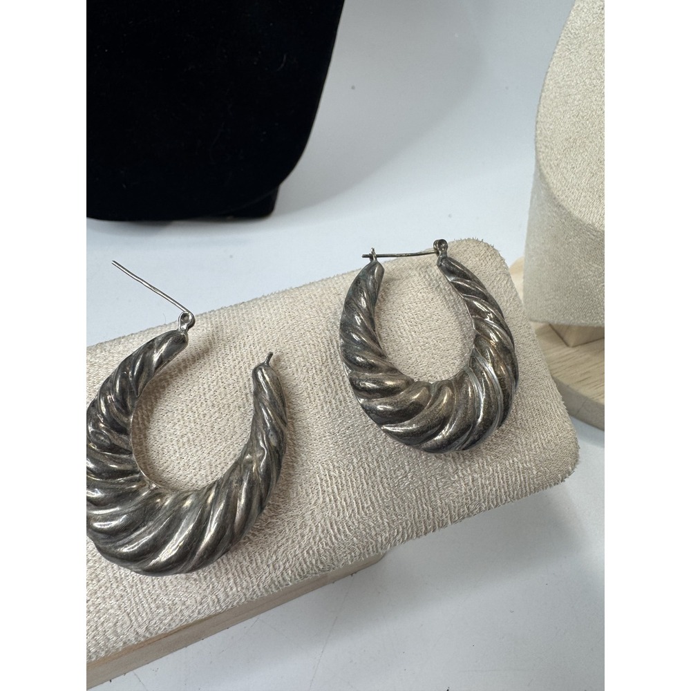 Vintage Sterling Silver Twisted Shrimp Hoop Earrings Puffed Statement Latch Back